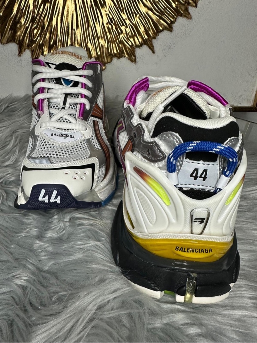 Balenciaga Kids White Multicolor Runner Sneakers with Yellow & Purple Accents